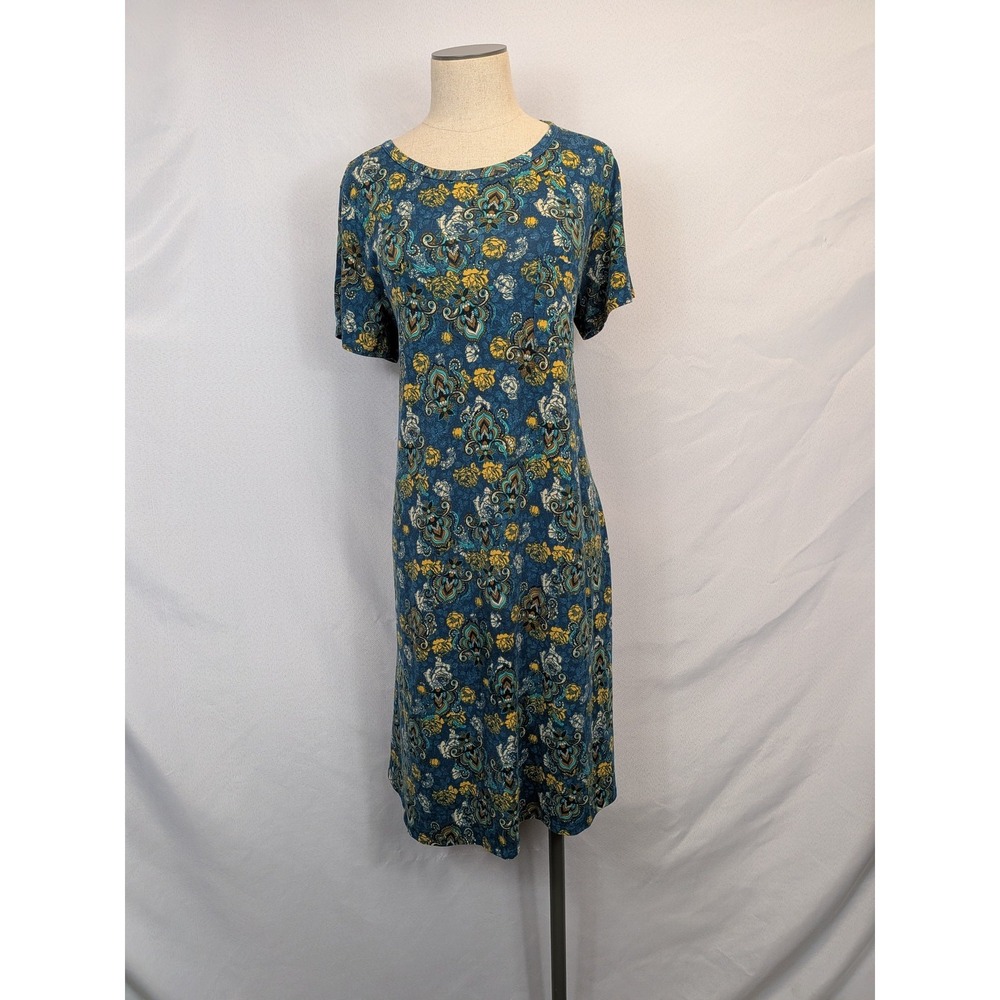 LuLaRoe Women's M Medium Teal Yellow Paisley Floral Short Sleeve Shift Dress